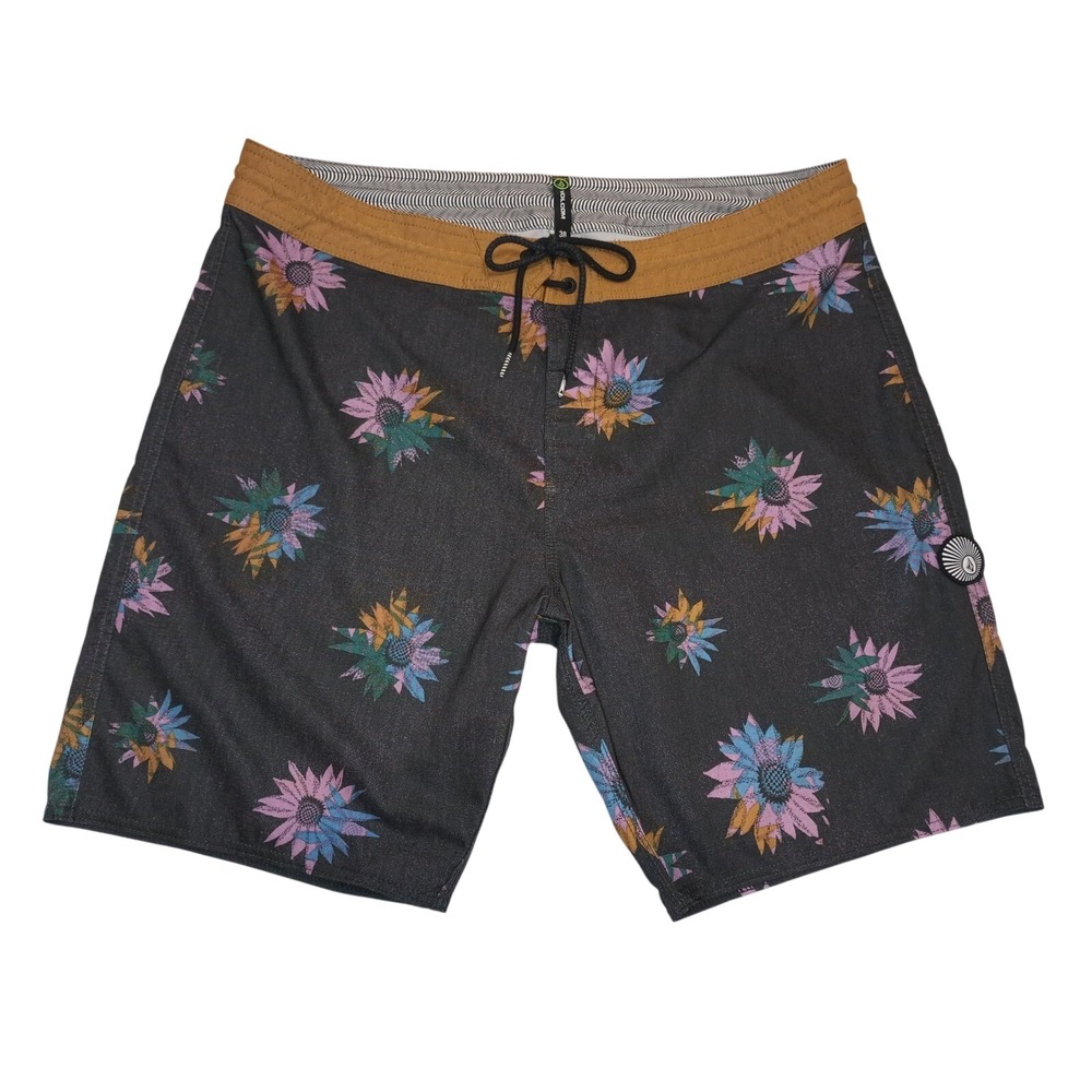 Volcom Mens Board Shorts Floral Sunflower Print Charcoal Tan Swim Trunks Size 38